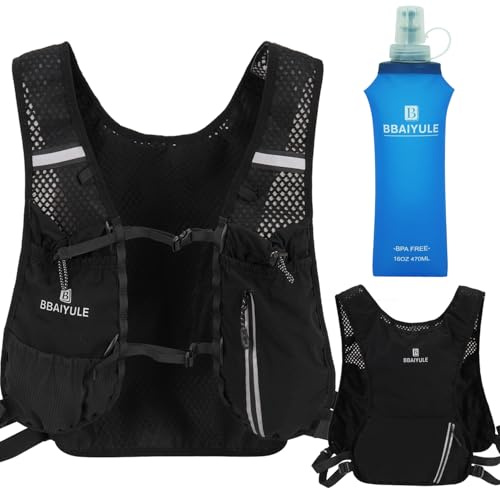 BBAIYULE Hydration Running Vest, 470ml Water Bottle, 9 Pockets, Reflective Backpack for Trail Racing, Marathon, Hiking