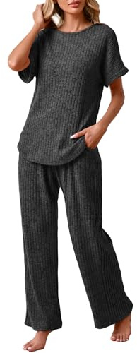 Famulily Loungewear Sets for Women Short Sleeve Casual Leisure Suits Wide Leg Matching Trousers and Tops,Loose Lounge Set with Pockets (L, Dark Grey)