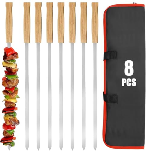 Wzzy Gurden 8 Pezzi Spiedini in Acciaio Inox con Manici in Legno di Faggio, Spiedini Barbecue Lunghi 42 cm, Spiedo per Barbecue Riutilizzabili, Accessori Barbecue per Verdure, Carne e Salsicce