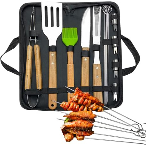 Grillredskap - 16 stycken rostfria grillverktyg | Utomhus matlagningssats med spatel klämborste bärväska