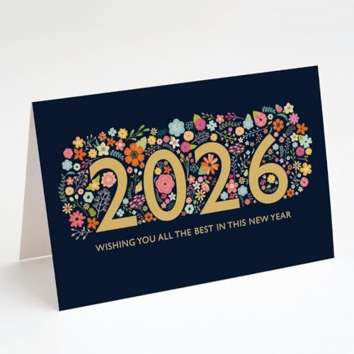 Bright Floral 2026 New Year Greeting Card with Envelope – Elegant Design on Premium 310 GSM Cardstock – Blank Inside for Personal Message – Made in the USA by Market On Mainstreet (25 Count) (2026)