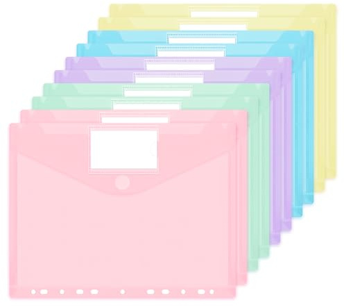 JEFURE A4 Plastic Wallets, 10 Pcs, 11-Hole, 5 Pastel Colours