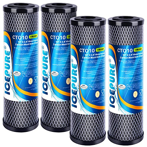 ICEPURE 1 Micron 2.5 x 10 Whole House CTO Carbon Sediment Water Filter Cartridge Compatible with DuPont WFPFC8002, WFPFC9001, SCWH-5, WHCF-WHWC, WHCF-WHWC, FXWTC, CBC-10, RO Unit, Pack of 4