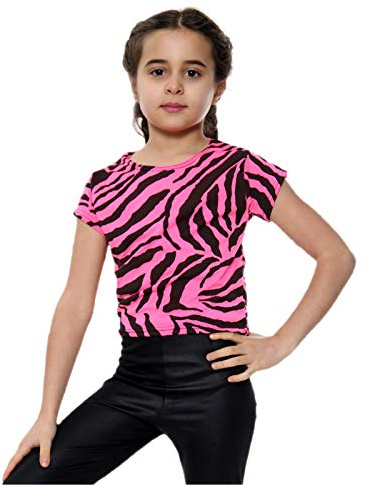 Flickor magtröja zebratryck djur randig stretch t-shirt sommar neon t-shirt toppar 5-14 år, Neon rosa, 7-8 År