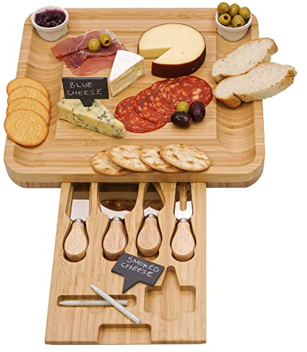 LaDonna Bamboo Charcuterie Board with Drawer & Cheese Knife Set - Serving Tray for Parties, Light Brown