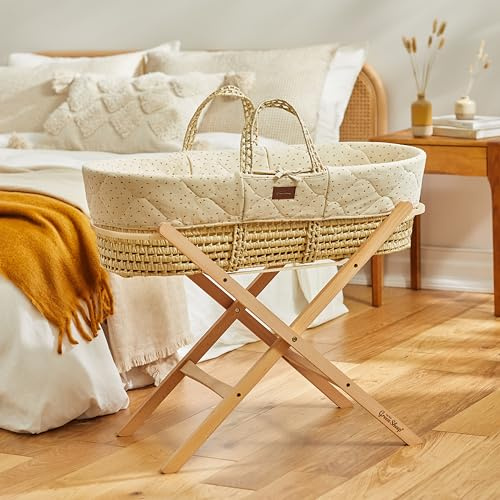 The Little Green Sheep Natural Quilted Moses Basket, Mattress & Stand, Linen Rice Print,FNB010H