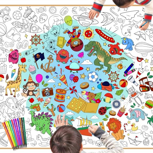 DPKOW Buon Compleanno Poster da Colorare con Colori Penne, 118 x 84cm Gigante Carta Tovaglia da Colorare per Bambini Ragazzi Compleanno Regali Artigianato, Animale Dinosauri Spazio Auto Pirata Dolce