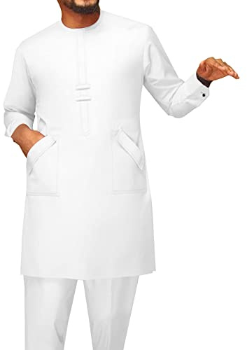 African Men Traditional Clothing Set Full Sleeve Dashiki Long Shirts and Pants 2 Piece Set African Suits White X-Large