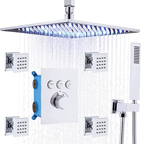 Delnet Rain Shower System Concealed Chrome Thermostatic Shower Mixer Set 12 Inch Ceiling Mounted Led Rainfall Shower System with Body Jets, Can Run Simultaneously