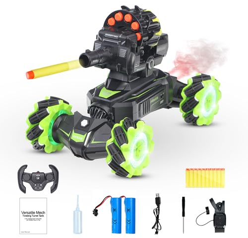 BOKSIYUR Rc Car Shoot SoftBullet,Fits for Nerf, Remote Control Hand Gesture Stunt Drift Truck, 360°Rotating Battle Tanks with Soft Bullets Water Bomb, Spray, Music, Led, Toy Gifts（Green）