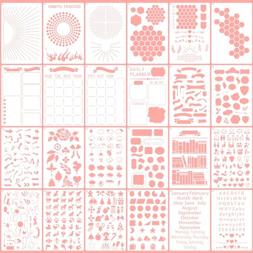 Lot de 24 pochoirs Bullet Journal pour planificateur A5 | Modèles réutilisables pour carnet et calendrier | Accessoires Bullet Journal | Pochoir lettres