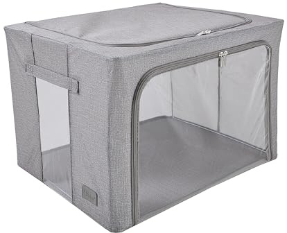 Periea ‘Beau’ Folding Collapsible Stackable Fabric Home Storage Boxes with Steel Frames (Grey Denim Effect, Large)