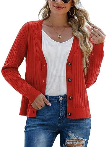PrinStory Cardigan Femme Ouvert Avant Tricoté Manches Longues Pull Décontracté avec Boutons Femmes Pull en Tricot à Manches Longues Cardigan