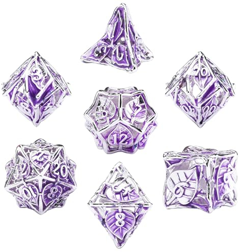 SIQUK 7 Stücke DND Würfel Set, Metall Würfel Spiel Polyedrische Würfel Hohles Spielwürfel Dungeons and Dragons Würfel für D&D MTG RPG (Violett & Silber)