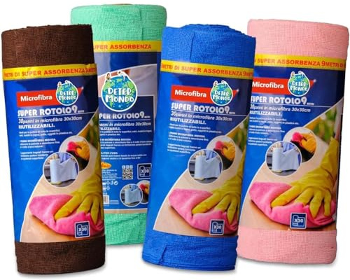 DETERMONDO 120 Panni Microfribra Rotolo Panni Microfibra Strappabile Riutilizzabile Senza Pelucchi 30x30 cm Per Auto,Casa e Cucina 4 Rotoli da 30 Pezzi Colori Assortiti