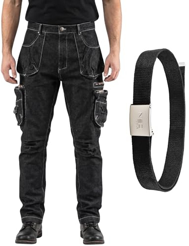 NEO TOOLS Pantalon de travail en denim pour homme avec ceinture - Pantalon de travail résistant et polyvalent avec plusieurs poches - Pantalon de travail en jean stretch pour homme, Noir , 58