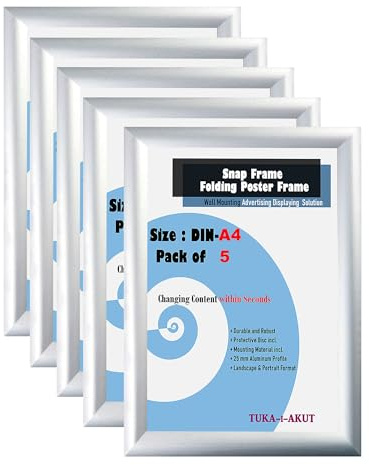 TUKA-i-AKUT 5X A4 Cornice a Scatto in Alluminio Profilo 25 mm, Pieghevoli Cornice a Clip per Poster Foto Display Pubblicitari, Pannello Protezione, Materiale Fissaggio, Color Argento TKD8420-A4-5X