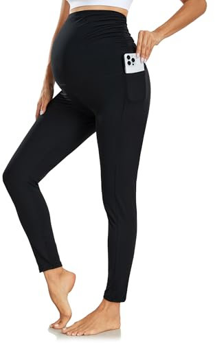 Ymmott Damen Umstandsleggings mit Taschen High Waist Blickdichte Schwangerschaftsleggings Weich Elastisch Umstandsmode Zuhause Maternity Leggings für Schwangere