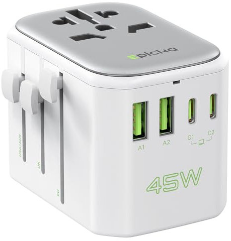 EPICKA Adattatore Universale da Viaggio 45W PD, Presa Universale da Viaggio con 2 USB C e 2 USB A, Adattatore Internazionale per Europa, Regno Unito, Stati Uniti, Giappone, Australia, Cina, UK, Bianco