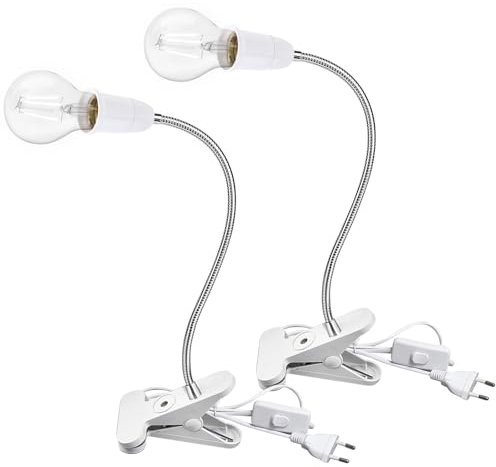 WIYETY E27 Klemmleuchte mit Clip: 2 Stück E27 Lampenfassung 360° Verstellbarer Schwanenhals, klemmleuchte Langes Kabel mit Schalter und Stecker, Weiß (Ohne Glühbirne)