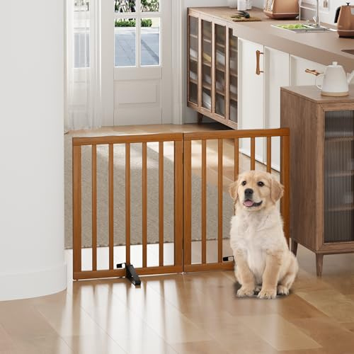 Dog Gates for Doorways, Foldable Dog Gate Indoor, Freestanding Pet Gates for Doorways Bedroom, Puppy Gate with Metal Support Feet, Room Divider 2 Panels (Walnut)