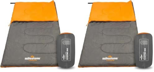 Milestone Camping Rectangular Sleeping Bag for Adults & Kids | Insulated 2 Season for Camping, Hiking, Outdoor Holidays | Grey & Orange | Packs Down Tight | 170cm x 75cm (Pack of 2)
