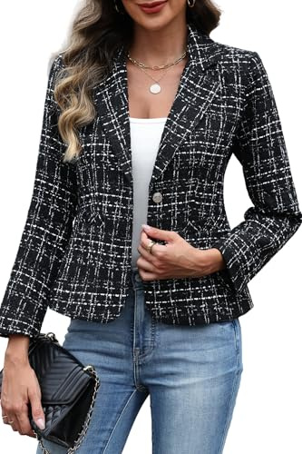 ELLEVEN Womens Blazer Business Casual Suit Jackets Tweed Blazers for Women Slim Fit Fitted Outfits Long Sleeve Stand Collar Blazer Dressy Coat Cardigan with Padded Shoulder Black Small