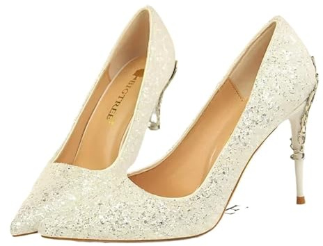 ZYAGH Talons Hauts éTincelants Escarpins à Paillettes Scintillantes for Femmes, Chaussures de soirée de Mariage, de Luxe, à Talons Hauts, 10 cm pour Femme(White 9.5cm,34)