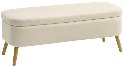 HOMCOM Panca Contenitore da 65L in Tessuto Teddy e Gambe in Legno con Seduta Imbottita, Cassapanca Pouf Poggiapiedi per Camera da Letto, Ingresso e Salotto, 120x42x45 cm, Beige