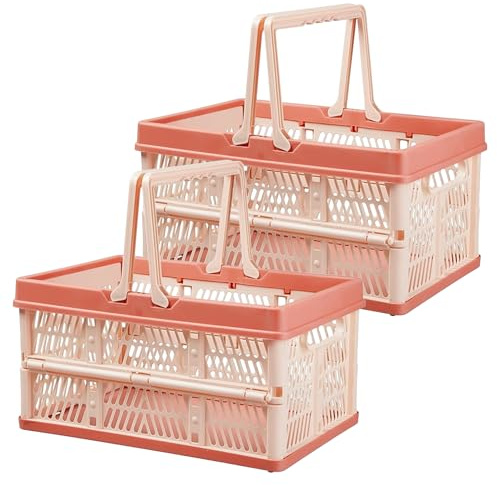 Lot de 2 petites boîtes pliantes pliables avec anses - En plastique - Pour le camping, la cuisine, la salle de bain - Rose