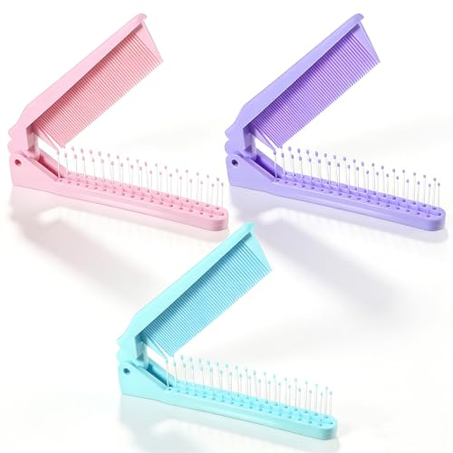 3 PCS Mini Folding Hair Brush, Foldable Travel Hair Brush for Women, Pocket Folding Comb with Dual-Headed Design, Travel Folding Combs for Purse Bags Pocket(Pink, Purple, Blue)