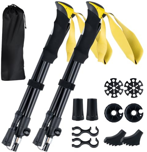 COSTWAY Bâton de Randonnée en Aluminium, Bâtons de Trekking Tri-Pliables Légers Hauteur Réglable 115-130 cm, 4 Paires Embouts en Caoutchouc Sac de Rangement Poignée en EVA, pour Ski Montagne (Jaune)