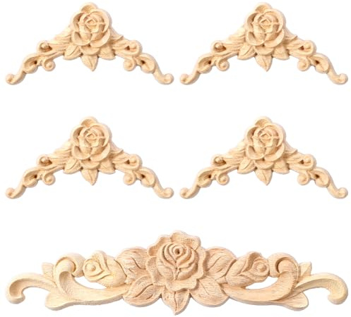 5 stycken träornament, stuckatur, väggornament för möbler, hörn | Onlay Applique möbel snidade hörn träornament för möbler 20 x 5 cm träsnideri applikation