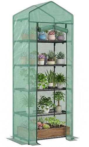 Outsunny Serra da Balcone a 5 Livelli con Porta Avvolgibile, Serra per Orto con Struttura in Acciaio e Copertura PE, per Piante Orto Verdure Fiori Frutta, 69x49x193 cm, Verde