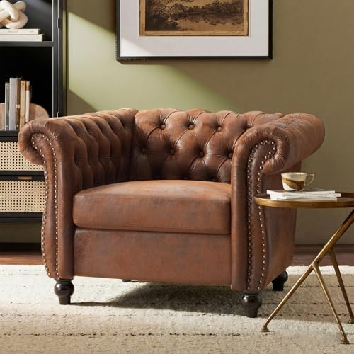 Chesterfield PU Upholstered Club Chair, Mid-Century Modern Single Sofa Chair, Living Room Accent Armchair with Nailhead Trim and Solid Wood Legs for Living Room Bedroom Office (Dark Brown, Polyester)