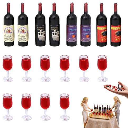 Set de 18 Mini Botellas de Vino 1:12 – Miniaturas con Copas de Vino Tinto y Vasos de Cóctel, Accesorios para Casa de Muñecas, Llaveros y DIY