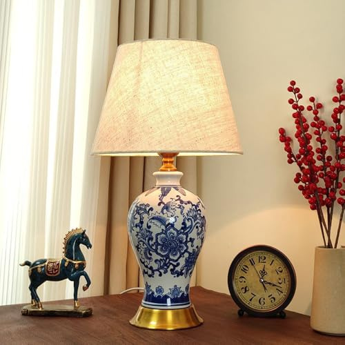 Ceramic Blue Glass Porcelain Oriental Lamps Flower Table Tall Skinny Rustic Bedside Vintage Retro Nightstand Lamp for Living Room Bedroom Home Office