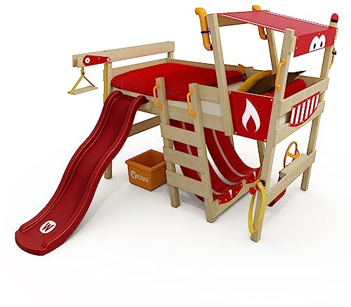 Wickey Hochbett mit Rutsche Crazy Smoky Kinderbett 90 x 200 Spielbett Kinder mit Lattenboden und viel Zubehör, Feuerwehrbett, rote Plane + rote Rutsche