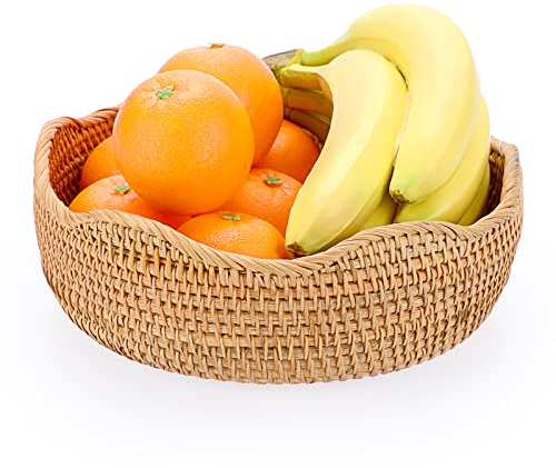 IGNPION Ciotola di stoccaggio in rattan, cesto di frutta in tessuto, rotondo, 26 cm, per servire pane, pane, snack, uova, ciotole, tavolo da pranzo, ripiano da tavolo, cesti decorativi