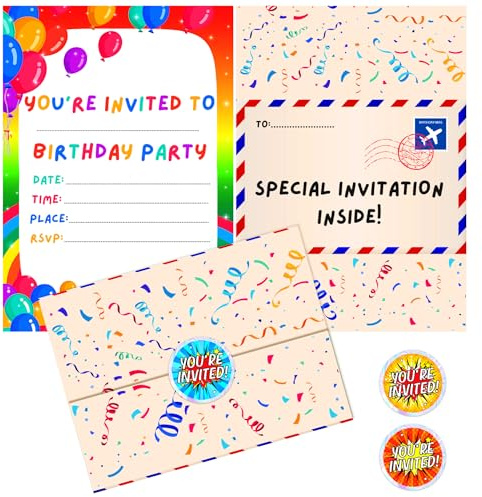 BestaFiesta Party Invites Kids Party Invitations Pack of 36 Birthday Party Invitations Childrens Birthday Party Boys Girls Kids Invites with Folding Envelope Design and Holographic Stickers (Rainbow)