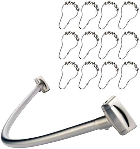 Crystals Stainless Steel Curved Shower Rail Extendable from 110-215 cm, Curved Oval Shower Curtain Rod Rail & Set of 12 Free Rings Hooks, Silver