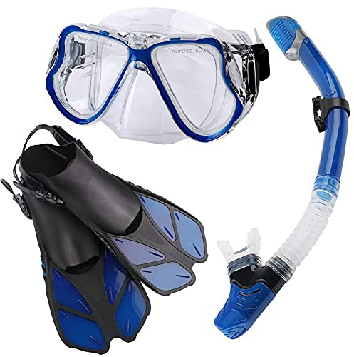 Masque Palmes Snorkel Set Snorkeling Gear pour Adultes Enfants, Lunettes De Natation Vue Panoramique Anti-Buée Anti-Fuite, Dry Topsnorkel Et Kit De Palmes De Plongée pour La Plongée sous-mar