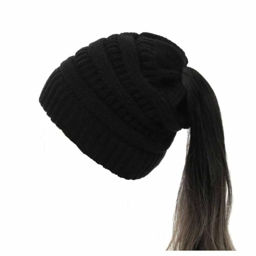 SHTGOI Gorro de coleta de lana de punto suave elástico, gorro de invierno con agujero para trenzas de bucle, gorro beanie holgado de punto grueso de ganchillo, gorro cálido para mujeres y niñas con