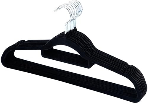 Homewit 10 Stück Kleiderbügel Samt, Bügel aus Samt mit Gürtelaufhänger, 360°drehbarem Haken und 2 Einkerbungen rutschfest, 0,6 cm dick, platzsparend, 45 cm lang, für Mäntel, Hosen, Schwarz