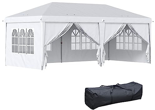 Outsunny Tonnelle de Jardin Pliante 6 x 3 m tonnelle de Jardin extérieure Barnum Pliant Pop-up imperméabilisé 4 parois latérales Amovibles 4 fenêtres + Sac de Transport Blanc