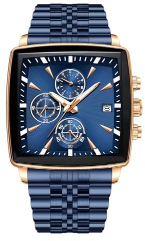 RORIOS Relojes Cuadrados para Hombre Relojes Analógico Cuarzo Reloj de Pulsera Multifuncional Negocios Reloj Simple Luminoso Correa de Acero Inoxidable Azul
