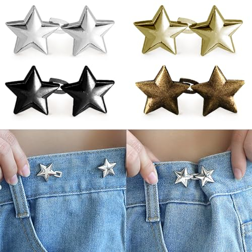 4 Sets Einstellbar Hosenbund Knöpfe Ohne Nähen, Sterne Clip Buttons Wiederverwendbar für Hosen, Pentagramm Star Jeansknöpfe