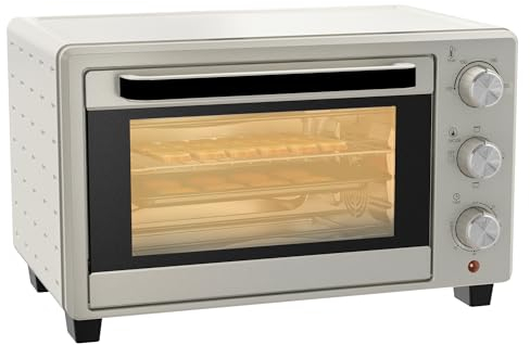 HOMCOM Mini Backofen 21 L 1400W 100-230℃ 60 Min. Timer inkl. Krümelblech, Backblech, Grillrost Fenster, Minibackofen Pizza-Ofen, Cremeweiß