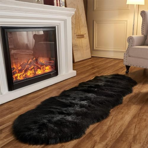 JXLOULAN Faux Lammfell Schaffell Teppich Schwarz 80x180 cm, Longhair Flauschiger Teppiche Wohnzimmer Deko Weicher Fell Carpet für Stühle Sofa Schlafzimmer Kinderzimmer