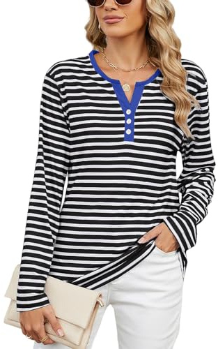 Atxnn Camiseta Mujer Rayas Blusa de Manga Larga Top con Cuello en V y Botones Camisa Bloque Color Casuales Túnica para otoño Primavera, STRIPEDBW XXL